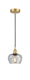 616-1P-SG-G92 Cord Hung 6.5" Satin Gold Mini Pendant - Clear Fenton Glass - LED Bulb - Dimmensions: 6.5 x 6.5 x 7.5<br>Minimum Height : 11.25<br>Maximum Height : 129.25 - Sloped Ceiling Compatible: Yes