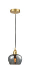 616-1P-SG-G93 Cord Hung 6.5" Satin Gold Mini Pendant - Plated Smoke Fenton Glass - LED Bulb - Dimmensions: 6.5 x 6.5 x 7.5<br>Minimum Height : 11.25<br>Maximum Height : 129.25 - Sloped Ceiling Compatible: Yes