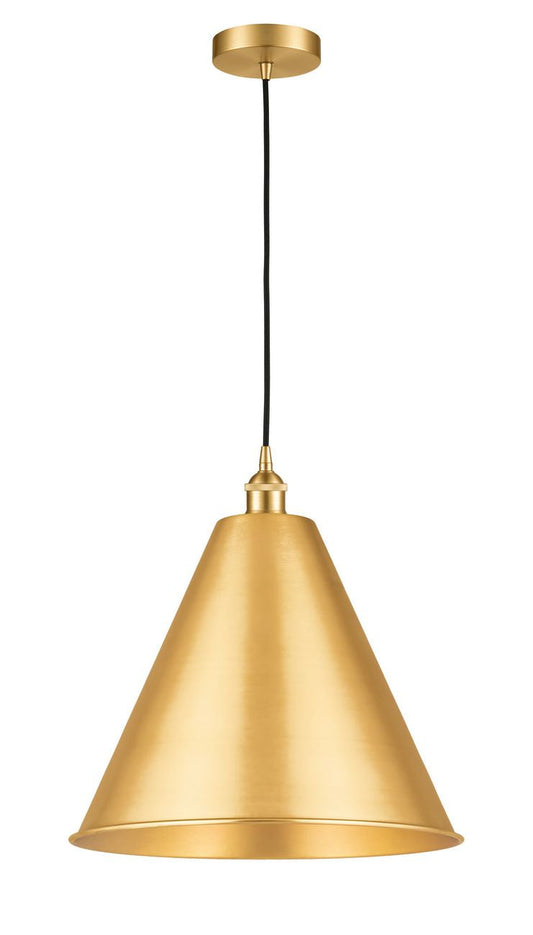 616-1P-SG-MBC-16-SG Cord Hung 16" Satin Gold Mini Pendant - Matte Black Edison Cone Shade - LED Bulb - Dimmensions: 16 x 16 x 18.75<br>Minimum Height : 21.75<br>Maximum Height : 138.75 - Sloped Ceiling Compatible: Yes