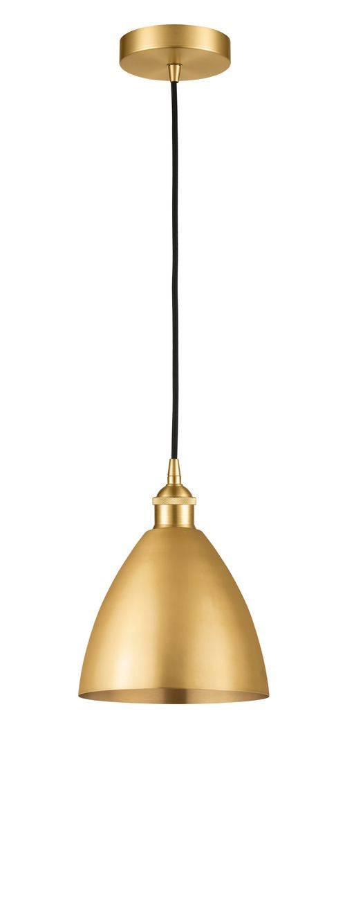 616-1P-SG-MBD-75-SG Cord Hung 7.5" Satin Gold Mini Pendant - Matte Black Edison Dome Shade - LED Bulb - Dimmensions: 7.5 x 7.5 x 11.25<br>Minimum Height : 14.25<br>Maximum Height : 131.25 - Sloped Ceiling Compatible: Yes