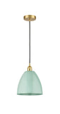 616-1P-SG-MBD-9-SF Cord Hung 9" Satin Gold Mini Pendant - Seafoam Plymouth Dome Shade - LED Bulb - Dimmensions: 9 x 9 x 12.875<br>Minimum Height : 15.875<br>Maximum Height : 132.875 - Sloped Ceiling Compatible: Yes