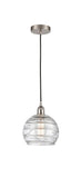 616-1P-SN-G1213-8 Cord Hung 8" Brushed Satin Nickel Mini Pendant - Clear Athens Deco Swirl 8" Glass - LED Bulb - Dimmensions: 8 x 8 x 10<br>Minimum Height : 13.75<br>Maximum Height : 131.75 - Sloped Ceiling Compatible: Yes