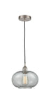 616-1P-SN-G247 Cord Hung 9.5" Brushed Satin Nickel Mini Pendant - Charcoal Gorham Glass - LED Bulb - Dimmensions: 9.5 x 9.5 x 11<br>Minimum Height : 13.75<br>Maximum Height : 131.75 - Sloped Ceiling Compatible: Yes