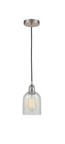 616-1P-SN-G2511 Cord Hung 5" Brushed Satin Nickel Mini Pendant - Mouchette Caledonia Glass - LED Bulb - Dimmensions: 5 x 5 x 10<br>Minimum Height : 12.75<br>Maximum Height : 130.75 - Sloped Ceiling Compatible: Yes