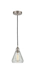 616-1P-SN-G275 Cord Hung 6" Brushed Satin Nickel Mini Pendant - Clear Crackle Conesus Glass - LED Bulb - Dimmensions: 6 x 6 x 10<br>Minimum Height : 13.75<br>Maximum Height : 131.75 - Sloped Ceiling Compatible: Yes