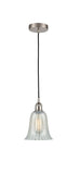 616-1P-SN-G2811 Cord Hung 6.25" Brushed Satin Nickel Mini Pendant - Mouchette Hanover Glass - LED Bulb - Dimmensions: 6.25 x 6.25 x 12<br>Minimum Height : 14.75<br>Maximum Height : 132.75 - Sloped Ceiling Compatible: Yes