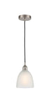 616-1P-SN-G381 Cord Hung 6" Brushed Satin Nickel Mini Pendant - White Castile Glass - LED Bulb - Dimmensions: 6 x 6 x 9<br>Minimum Height : 12.75<br>Maximum Height : 130.75 - Sloped Ceiling Compatible: Yes