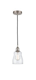 616-1P-SN-G392 Cord Hung 4.5" Brushed Satin Nickel Mini Pendant - Clear Ellery Glass - LED Bulb - Dimmensions: 4.5 x 4.5 x 8<br>Minimum Height : 12.75<br>Maximum Height : 130.75 - Sloped Ceiling Compatible: Yes