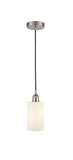 616-1P-SN-G801 Cord Hung 3.875" Brushed Satin Nickel Mini Pendant - Matte White Clymer Glass - LED Bulb - Dimmensions: 3.875 x 3.875 x 10<br>Minimum Height : 12.75<br>Maximum Height : 130.75 - Sloped Ceiling Compatible: Yes
