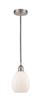 616-1P-SN-G81 Cord Hung 6" Brushed Satin Nickel Mini Pendant - Matte White Eaton Glass - LED Bulb - Dimmensions: 6 x 6 x 9.5<br>Minimum Height : 13.75<br>Maximum Height : 131.75 - Sloped Ceiling Compatible: Yes