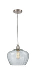 616-1P-SN-G92-L Cord Hung 11" Brushed Satin Nickel Mini Pendant - Large Clear Fenton Glass - LED Bulb - Dimmensions: 11 x 11 x 11<br>Minimum Height : 14.5<br>Maximum Height : 132.5 - Sloped Ceiling Compatible: Yes