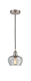 616-1P-SN-G92 Cord Hung 6.5" Brushed Satin Nickel Mini Pendant - Clear Fenton Glass - LED Bulb - Dimmensions: 6.5 x 6.5 x 7.5<br>Minimum Height : 11.25<br>Maximum Height : 129.25 - Sloped Ceiling Compatible: Yes