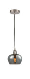 616-1P-SN-G93 Cord Hung 6.5" Brushed Satin Nickel Mini Pendant - Plated Smoke Fenton Glass - LED Bulb - Dimmensions: 6.5 x 6.5 x 7.5<br>Minimum Height : 11.25<br>Maximum Height : 129.25 - Sloped Ceiling Compatible: Yes
