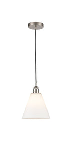616-1P-SN-GBC-81 Cord Hung 8" Brushed Satin Nickel Mini Pendant - Matte White Cased Edison Cone Glass - LED Bulb - Dimmensions: 8 x 8 x 11.75<br>Minimum Height : 14.75<br>Maximum Height : 131.75 - Sloped Ceiling Compatible: Yes