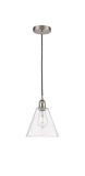616-1P-SN-GBC-82 Cord Hung 8" Brushed Satin Nickel Mini Pendant - Clear Edison Cone Glass - LED Bulb - Dimmensions: 8 x 8 x 11.75<br>Minimum Height : 14.75<br>Maximum Height : 131.75 - Sloped Ceiling Compatible: Yes