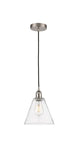 616-1P-SN-GBC-84 Cord Hung 8" Brushed Satin Nickel Mini Pendant - Seedy Edison Cone Glass - LED Bulb - Dimmensions: 8 x 8 x 11.75<br>Minimum Height : 14.75<br>Maximum Height : 131.75 - Sloped Ceiling Compatible: Yes