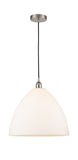 616-1P-SN-GBD-161 1-Light 16" Brushed Satin Nickel Pendant - Matte White Edison Dome Glass - LED Bulb - Dimmensions: 16 x 16 x 18.75<br>Minimum Height : 21.75<br>Maximum Height : 138.75 - Sloped Ceiling Compatible: Yes