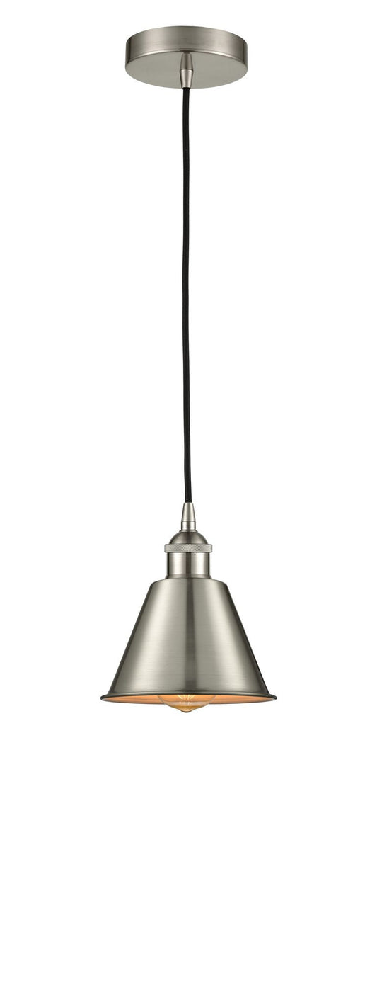 616-1P-SN-M8 Cord Hung 7" Brushed Satin Nickel Mini Pendant - Brushed Satin Nickel Smithfield Shade - LED Bulb - Dimmensions: 7 x 7 x 7.5<br>Minimum Height : 12.75<br>Maximum Height : 130.75 - Sloped Ceiling Compatible: Yes