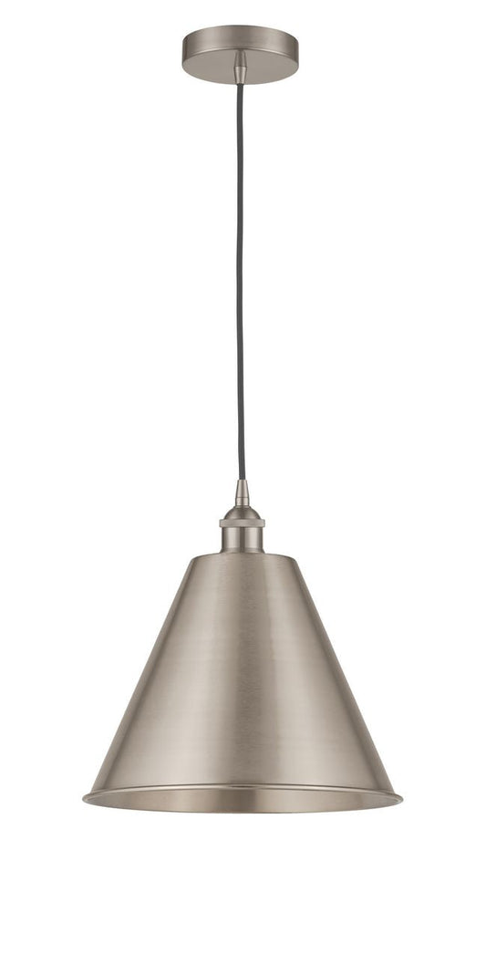 616-1P-SN-MBC-12-SN Cord Hung 12" Brushed Satin Nickel Mini Pendant - Brushed Satin Nickel Edison Cone Shade - LED Bulb - Dimmensions: 12 x 12 x 14.75<br>Minimum Height : 17.75<br>Maximum Height : 134.75 - Sloped Ceiling Compatible: Yes
