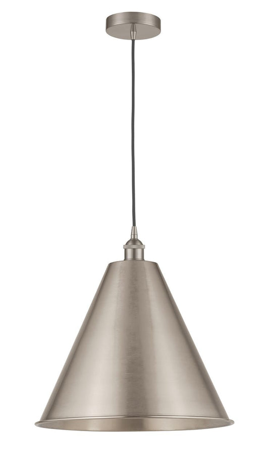 616-1P-SN-MBC-16-SN Cord Hung 16" Brushed Satin Nickel Mini Pendant - Brushed Satin Nickel Edison Cone Shade - LED Bulb - Dimmensions: 16 x 16 x 18.75<br>Minimum Height : 21.75<br>Maximum Height : 138.75 - Sloped Ceiling Compatible: Yes