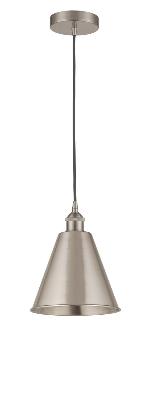 616-1P-SN-MBC-8-SN Cord Hung 8" Brushed Satin Nickel Mini Pendant - Brushed Satin Nickel Edison Cone Shade - LED Bulb - Dimmensions: 8 x 8 x 11.75<br>Minimum Height : 14.75<br>Maximum Height : 131.75 - Sloped Ceiling Compatible: Yes