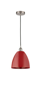 616-1P-SN-MBD-9-RD Cord Hung 9" Brushed Satin Nickel Mini Pendant - Red Plymouth Dome Shade - LED Bulb - Dimmensions: 9 x 9 x 12.875<br>Minimum Height : 15.875<br>Maximum Height : 132.875 - Sloped Ceiling Compatible: Yes