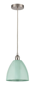 616-1P-SN-MBD-9-SF Cord Hung 9" Brushed Satin Nickel Mini Pendant - Seafoam Plymouth Dome Shade - LED Bulb - Dimmensions: 9 x 9 x 12.875<br>Minimum Height : 15.875<br>Maximum Height : 132.875 - Sloped Ceiling Compatible: Yes
