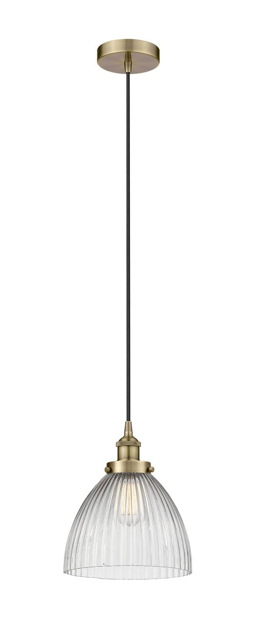 616-1PH-AB-G222 Cord Hung 9.5" Antique Brass Mini Pendant - Clear Halophane Seneca Falls Glass - LED Bulb - Dimmensions: 9.5 x 9.5 x 12<br>Minimum Height : 15.25<br>Maximum Height : 133.25 - Sloped Ceiling Compatible: Yes