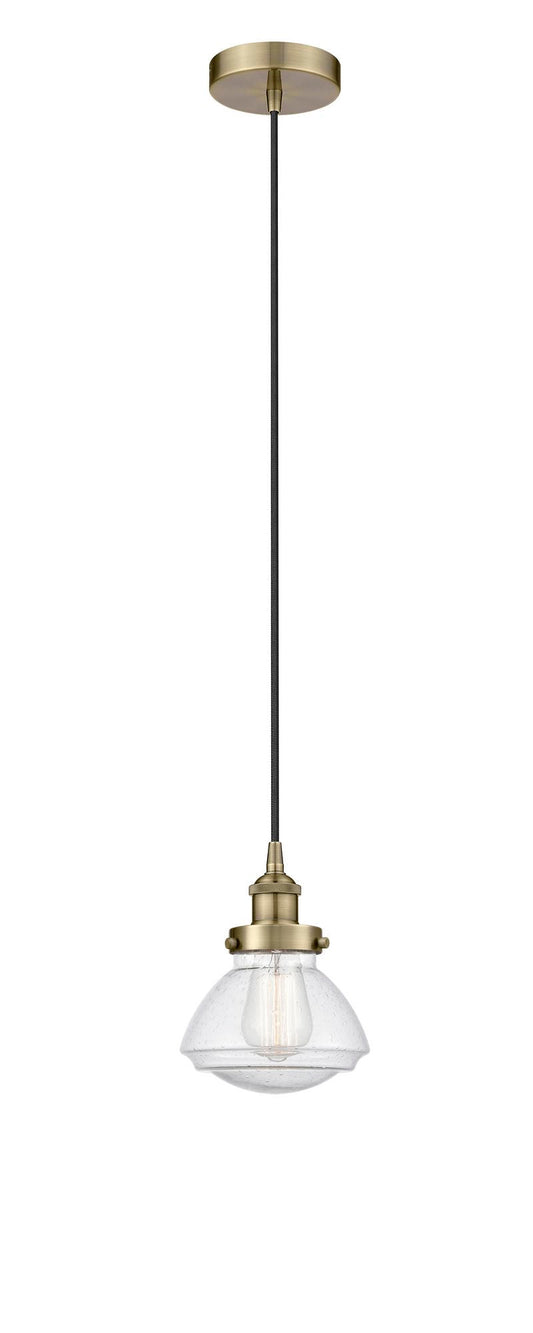 Cord Hung 6.75" Antique Brass Mini Pendant - Seedy Olean Glass LED
