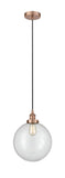 616-1PH-AC-G202-12 Cord Hung 12" Antique Copper Mini Pendant - Clear Beacon Glass - LED Bulb - Dimmensions: 12 x 12 x 15<br>Minimum Height : 19<br>Maximum Height : 137 - Sloped Ceiling Compatible: Yes