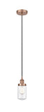 616-1PH-AC-G312 Cord Hung 4.5" Antique Copper Mini Pendant - Clear Dover Glass - LED Bulb - Dimmensions: 4.5 x 4.5 x 10.25<br>Minimum Height : 13.75<br>Maximum Height : 131.75 - Sloped Ceiling Compatible: Yes