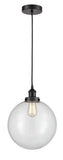 616-1PH-BK-G202-12 Cord Hung 12" Matte Black Mini Pendant - Clear Beacon Glass - LED Bulb - Dimmensions: 12 x 12 x 15<br>Minimum Height : 19<br>Maximum Height : 137 - Sloped Ceiling Compatible: Yes