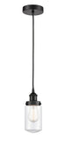 616-1PH-BK-G312 Cord Hung 4.5" Matte Black Mini Pendant - Clear Dover Glass - LED Bulb - Dimmensions: 4.5 x 4.5 x 10.25<br>Minimum Height : 13.75<br>Maximum Height : 131.75 - Sloped Ceiling Compatible: Yes