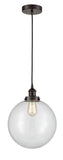 616-1PH-OB-G202-12 Cord Hung 12" Oil Rubbed Bronze Mini Pendant - Clear Beacon Glass - LED Bulb - Dimmensions: 12 x 12 x 15<br>Minimum Height : 19<br>Maximum Height : 137 - Sloped Ceiling Compatible: Yes