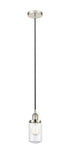 616-1PH-PN-G312 Cord Hung 4.5" Polished Nickel Mini Pendant - Clear Dover Glass - LED Bulb - Dimmensions: 4.5 x 4.5 x 10.25<br>Minimum Height : 13.75<br>Maximum Height : 131.75 - Sloped Ceiling Compatible: Yes