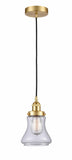 616-1PH-SG-G192 Cord Hung 6.25" Satin Gold Mini Pendant - Clear Bellmont Glass - LED Bulb - Dimmensions: 6.25 x 6.25 x 10<br>Minimum Height : 13.5<br>Maximum Height : 131.5 - Sloped Ceiling Compatible: Yes