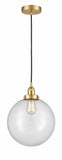 616-1PH-SG-G202-12 Cord Hung 12" Satin Gold Mini Pendant - Clear Beacon Glass - LED Bulb - Dimmensions: 12 x 12 x 15<br>Minimum Height : 19<br>Maximum Height : 137 - Sloped Ceiling Compatible: Yes