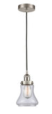 616-1PH-SN-G192 Cord Hung 6.25" Brushed Satin Nickel Mini Pendant - Clear Bellmont Glass - LED Bulb - Dimmensions: 6.25 x 6.25 x 10<br>Minimum Height : 13.5<br>Maximum Height : 131.5 - Sloped Ceiling Compatible: Yes