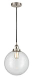 616-1PH-SN-G202-12 Cord Hung 12" Brushed Satin Nickel Mini Pendant - Clear Beacon Glass - LED Bulb - Dimmensions: 12 x 12 x 15<br>Minimum Height : 19<br>Maximum Height : 137 - Sloped Ceiling Compatible: Yes