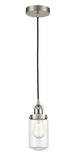 616-1PH-SN-G312 Cord Hung 4.5" Brushed Satin Nickel Mini Pendant - Clear Dover Glass - LED Bulb - Dimmensions: 4.5 x 4.5 x 10.25<br>Minimum Height : 13.75<br>Maximum Height : 131.75 - Sloped Ceiling Compatible: Yes