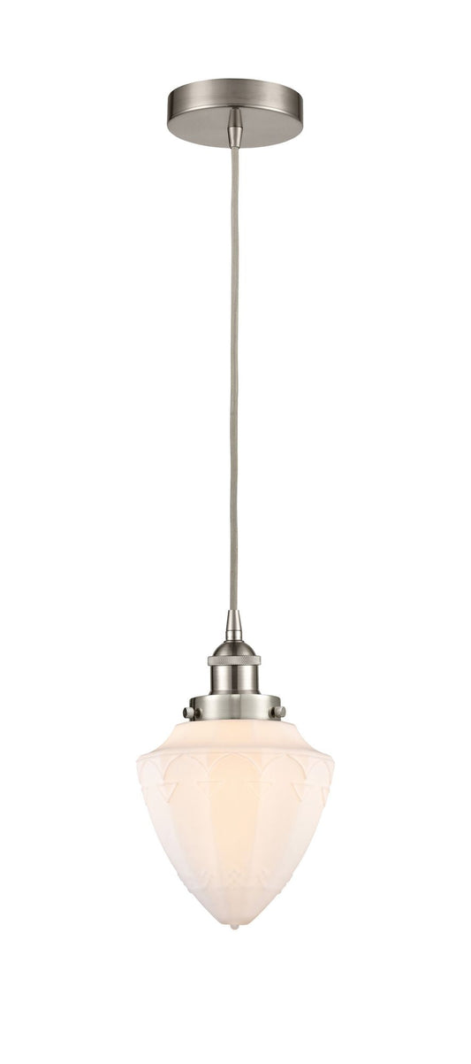 616-1PH-SN-G661-7 Cord Hung 7.5" Brushed Satin Nickel Mini Pendant - Matte White Cased Small Bullet Glass - LED Bulb - Dimmensions: 7.5 x 7.5 x 8<br>Minimum Height : 13<br>Maximum Height : 131 - Sloped Ceiling Compatible: Yes