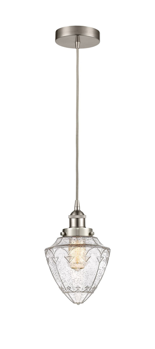 616-1PH-SN-G664-7 Cord Hung 7.5" Brushed Satin Nickel Mini Pendant - Seedy Small Bullet Glass - LED Bulb - Dimmensions: 7.5 x 7.5 x 8<br>Minimum Height : 13<br>Maximum Height : 131 - Sloped Ceiling Compatible: Yes