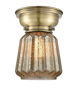 1-Light 7" Antique Brass Flush Mount - Mercury Plated Chatham Glass LED