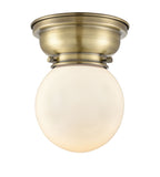 1-Light 6.25" Antique Brass Flush Mount - Matte White Cased Beacon Glass LED