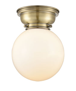 1-Light 8" Antique Brass Flush Mount - Matte White Cased Beacon Glass LED
