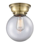1-Light 8" Beacon Flush Mount - Globe-Orb Clear Glass - Choice of Finish And Incandesent Or LED Bulbs