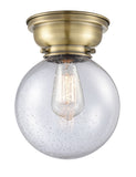 1-Light 8" Beacon Flush Mount - Globe-Orb Seedy Glass - Choice of Finish And Incandesent Or LED Bulbs