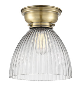 1-Light 9.5" Antique Brass Flush Mount - Clear Halophane Seneca Falls Glass LED
