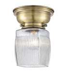 1-Light 6.25" Antique Brass Flush Mount - Thick Clear Halophane Colton Glass LED
