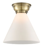 623-1F-AB-G41-L 1-Light 12" Antique Brass Flush Mount - Matte White Cased Cone 12" Glass - LED Bulb - Dimmensions: 12 x 12 x 11.4 - Sloped Ceiling Compatible: No
